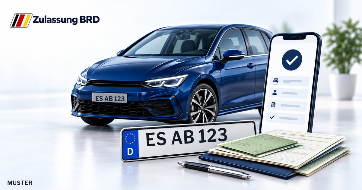 Online Fahrzeugzulassung in Denkendorf: Musterkennzeichen ES AB 123, Auto und Fahrzeugpapiere und Smartphone. Illustration mit Logo von Zulassung BRD.